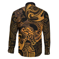 New Zealand Tuatara Family Matching Short Sleeve Bodycon Dress and Hawaiian Shirt Aotearoa Maori Clematis Flowers - Gold LT14 - Polynesian Pride