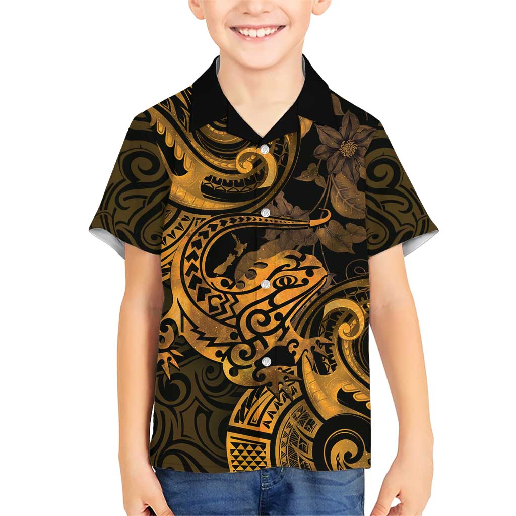 New Zealand Tuatara Family Matching Short Sleeve Bodycon Dress and Hawaiian Shirt Aotearoa Maori Clematis Flowers - Gold LT14 Son's Shirt Gold - Polynesian Pride