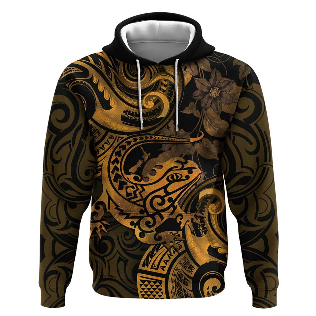 New Zealand Tuatara Hoodie Aotearoa Maori Clematis Flowers - Gold