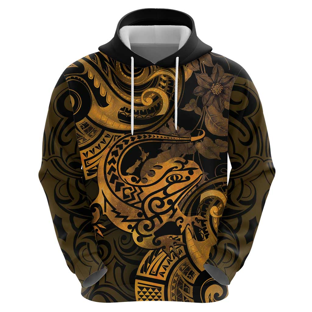 New Zealand Tuatara Hoodie Aotearoa Maori Clematis Flowers - Gold