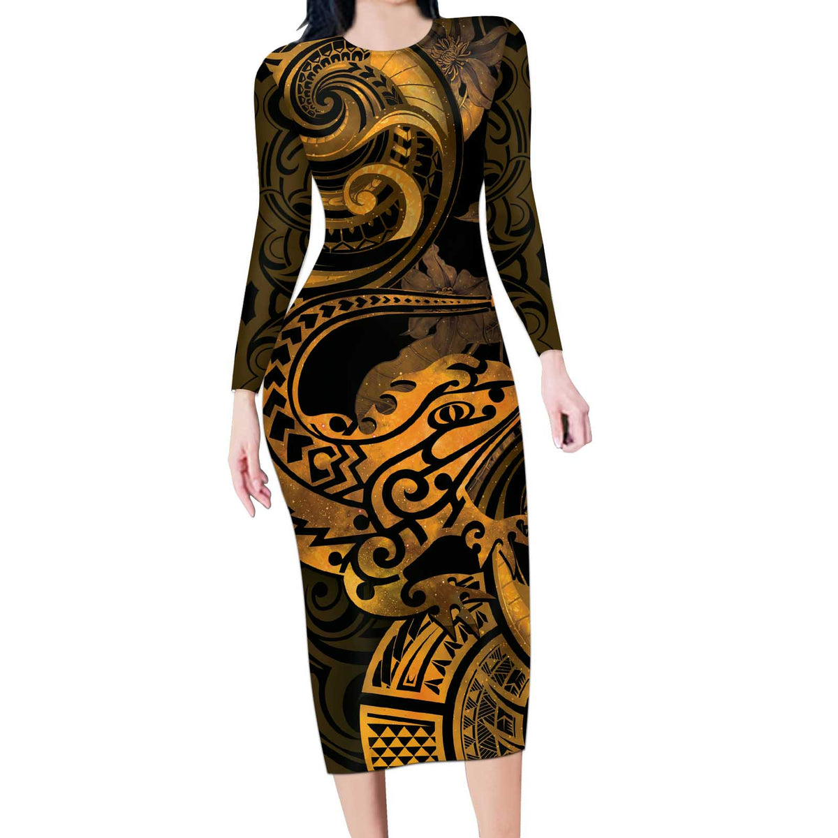 New Zealand Tuatara Long Sleeve Bodycon Dress Aotearoa Maori Clematis Flowers - Gold LT14 Long Dress Gold - Polynesian Pride