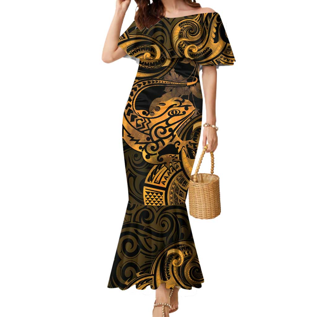 New Zealand Tuatara Mermaid Dress Aotearoa Maori Clematis Flowers - Gold LT14 Women Gold - Polynesian Pride