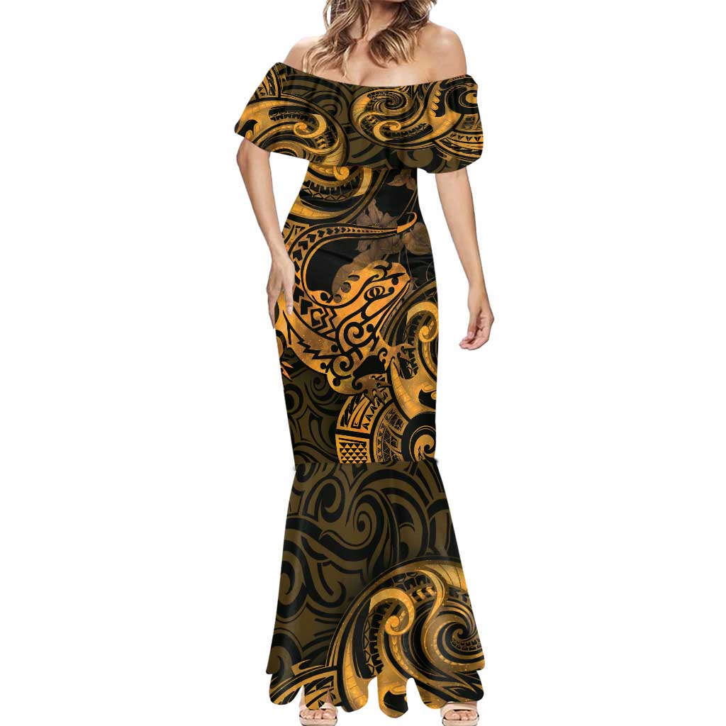 New Zealand Tuatara Mermaid Dress Aotearoa Maori Clematis Flowers - Gold LT14 - Polynesian Pride