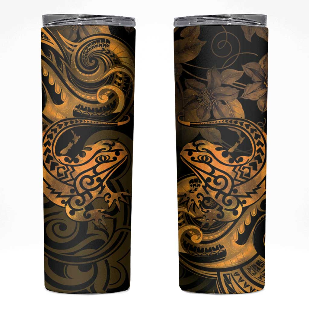 New Zealand Tuatara Skinny Tumbler Aotearoa Maori Clematis Flowers - Gold