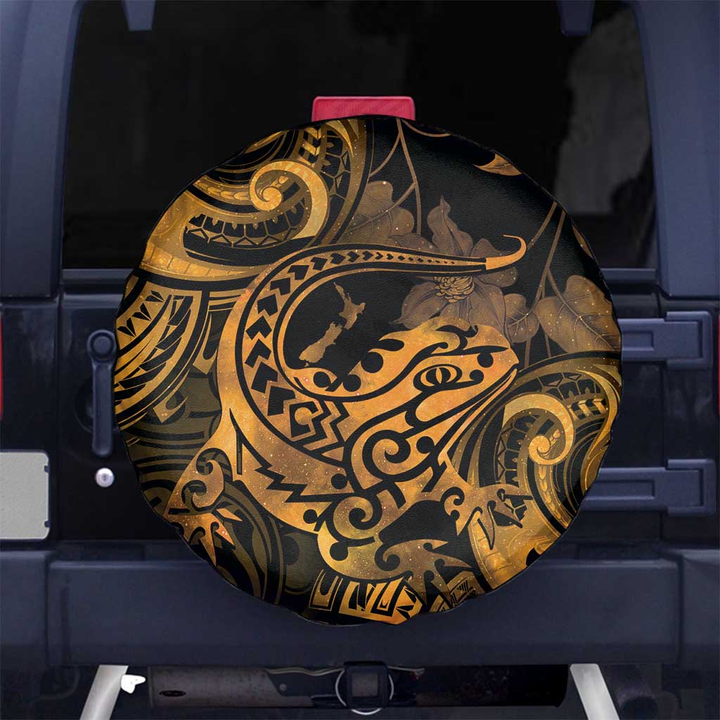 New Zealand Tuatara Spare Tire Cover Aotearoa Maori Clematis Flowers - Gold