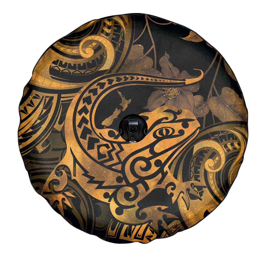 New Zealand Tuatara Spare Tire Cover Aotearoa Maori Clematis Flowers - Gold