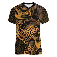 New Zealand Tuatara Women V-Neck T-Shirt Aotearoa Maori Clematis Flowers - Gold LT14 Female Gold - Polynesian Pride