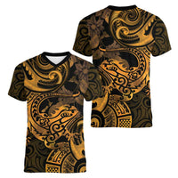New Zealand Tuatara Women V-Neck T-Shirt Aotearoa Maori Clematis Flowers - Gold LT14 - Polynesian Pride