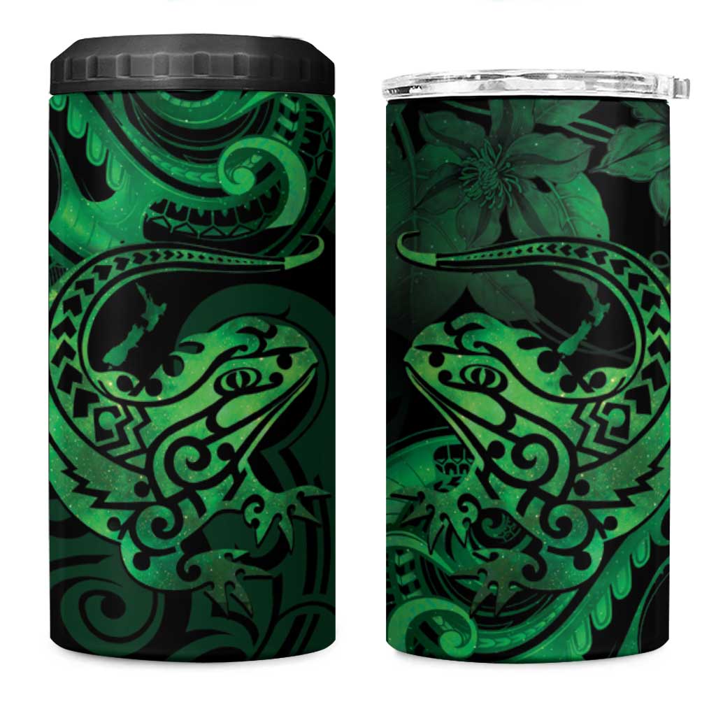 New Zealand Tuatara 4 in 1 Can Cooler Tumbler Aotearoa Maori Clematis Flowers - Green