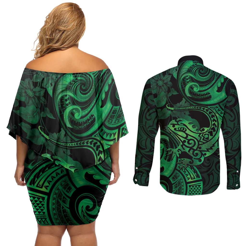 New Zealand Tuatara Couples Matching Off Shoulder Short Dress and Long Sleeve Button Shirt Aotearoa Maori Clematis Flowers - Green LT14 - Polynesian Pride