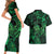 New Zealand Tuatara Couples Matching Short Sleeve Bodycon Dress and Hawaiian Shirt Aotearoa Maori Clematis Flowers - Green