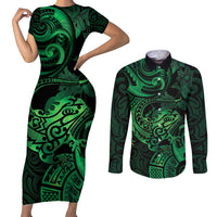 New Zealand Tuatara Couples Matching Short Sleeve Bodycon Dress and Long Sleeve Button Shirt Aotearoa Maori Clematis Flowers - Green LT14 Green - Polynesian Pride