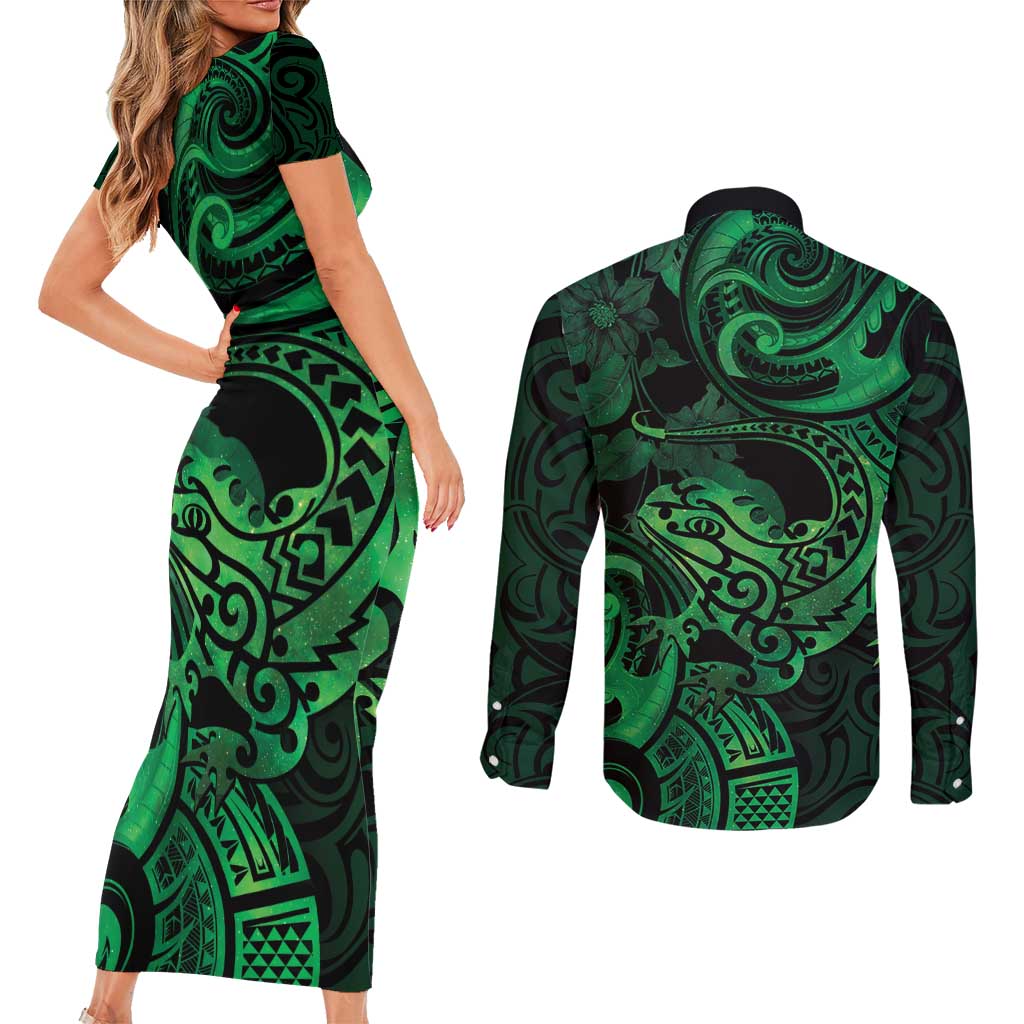 New Zealand Tuatara Couples Matching Short Sleeve Bodycon Dress and Long Sleeve Button Shirt Aotearoa Maori Clematis Flowers - Green LT14 - Polynesian Pride