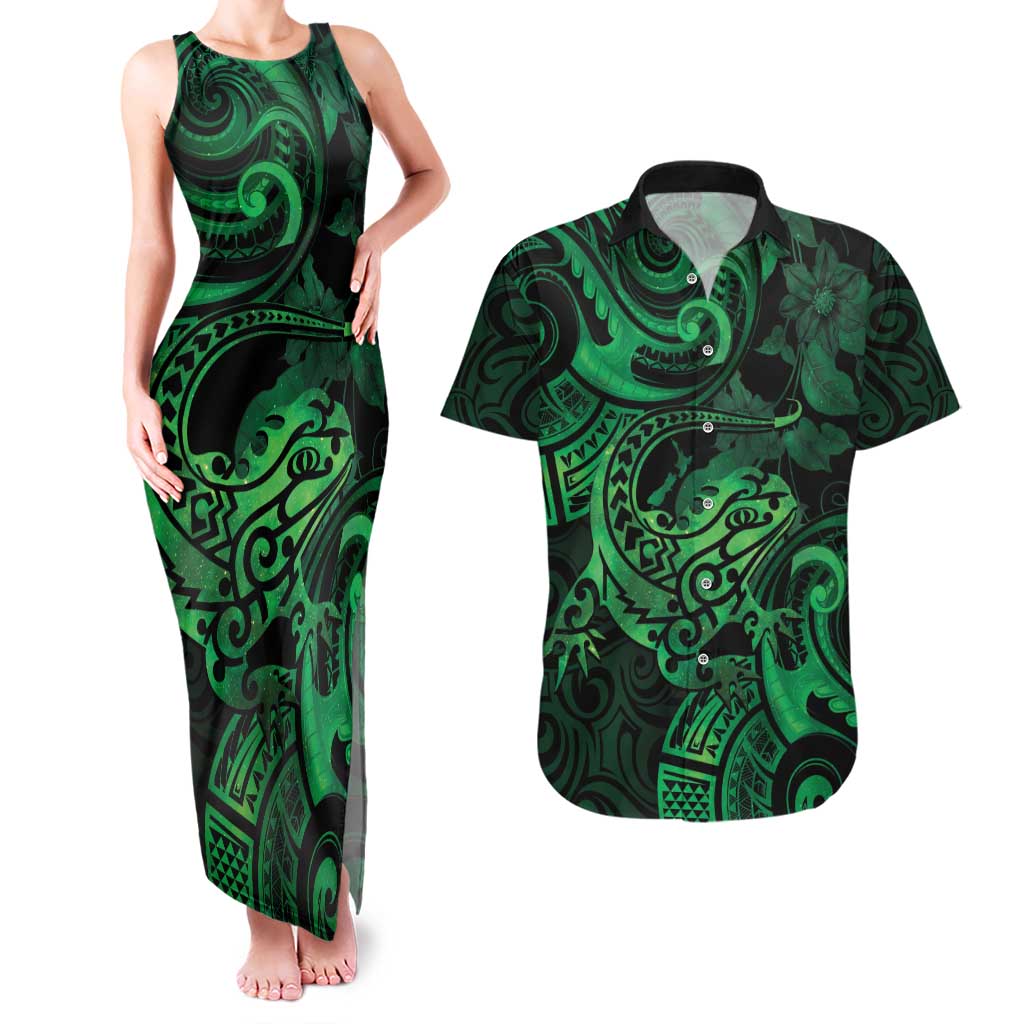 New Zealand Tuatara Couples Matching Tank Maxi Dress and Hawaiian Shirt Aotearoa Maori Clematis Flowers - Green LT14 Green - Polynesian Pride