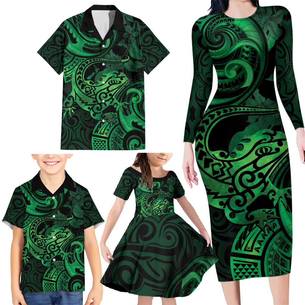New Zealand Tuatara Family Matching Long Sleeve Bodycon Dress and Hawaiian Shirt Aotearoa Maori Clematis Flowers - Green LT14 - Polynesian Pride