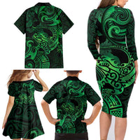 New Zealand Tuatara Family Matching Long Sleeve Bodycon Dress and Hawaiian Shirt Aotearoa Maori Clematis Flowers - Green LT14 - Polynesian Pride