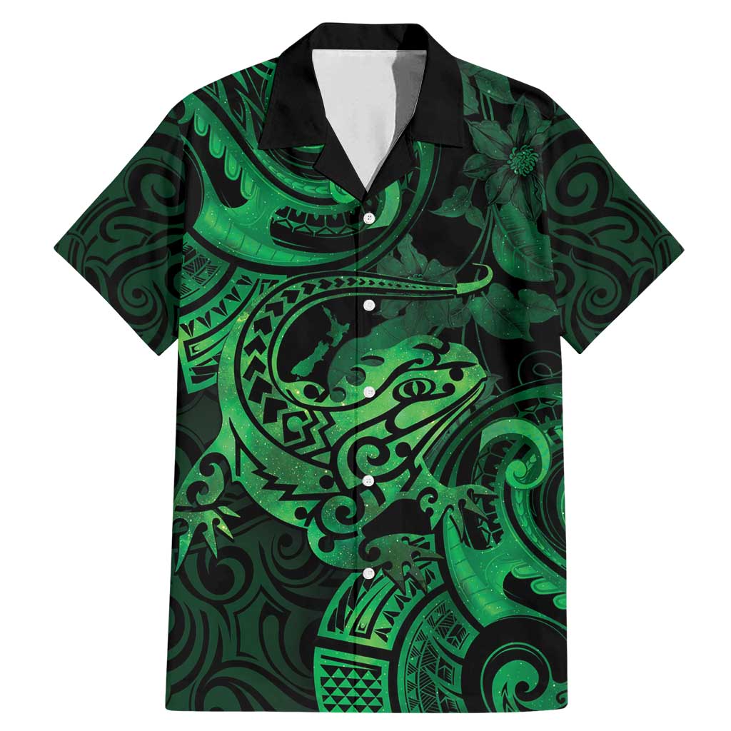 New Zealand Tuatara Family Matching Mermaid Dress and Hawaiian Shirt Aotearoa Maori Clematis Flowers - Green LT14 Dad's Shirt - Short Sleeve Green - Polynesian Pride