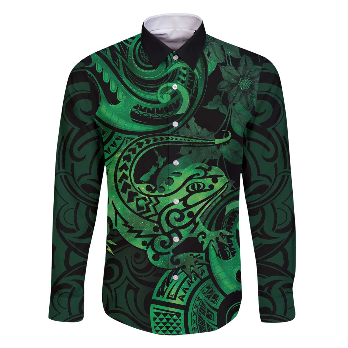 New Zealand Tuatara Family Matching Off Shoulder Short Dress and Hawaiian Shirt Aotearoa Maori Clematis Flowers - Green