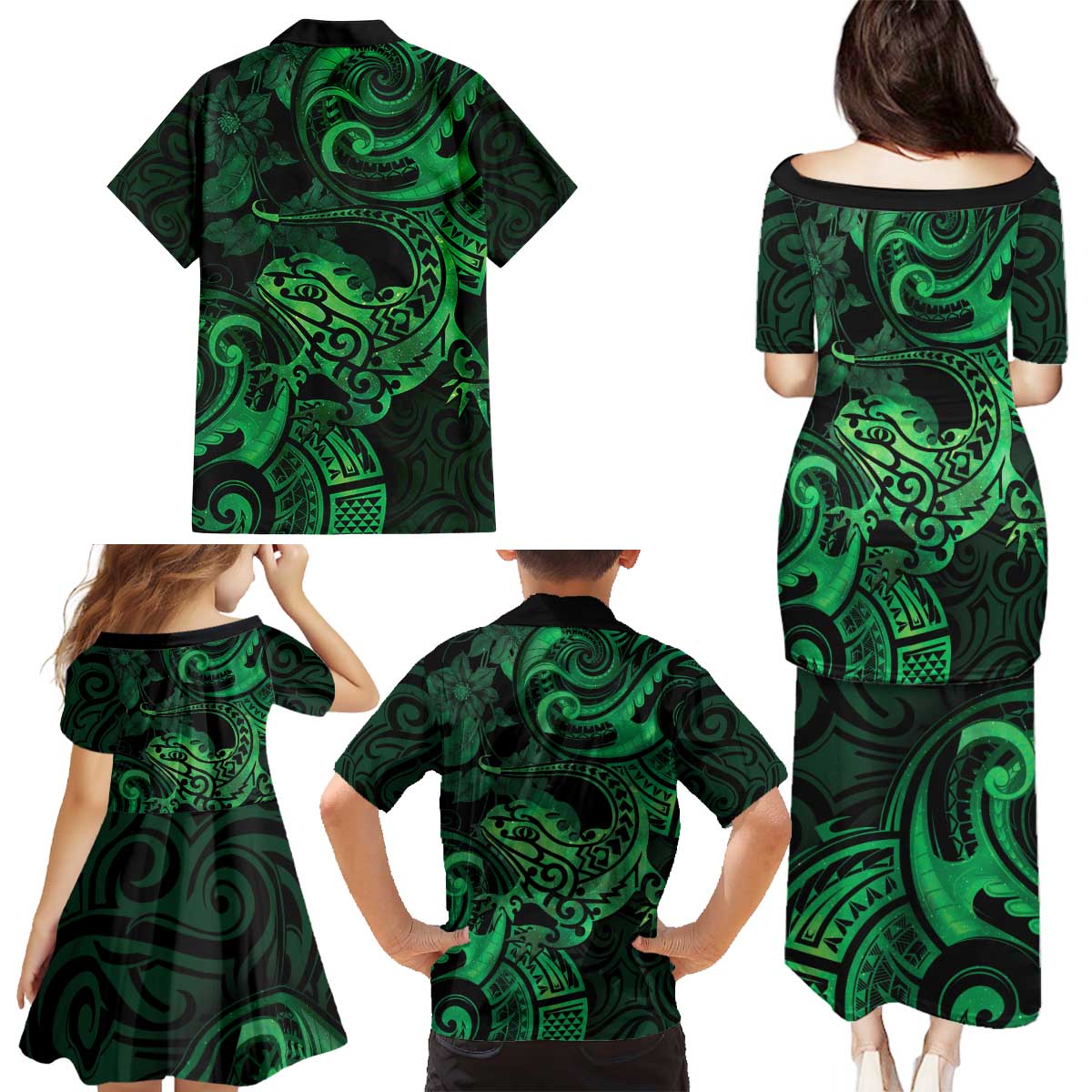 New Zealand Tuatara Family Matching Puletasi and Hawaiian Shirt Aotearoa Maori Clematis Flowers - Green LT14 - Polynesian Pride