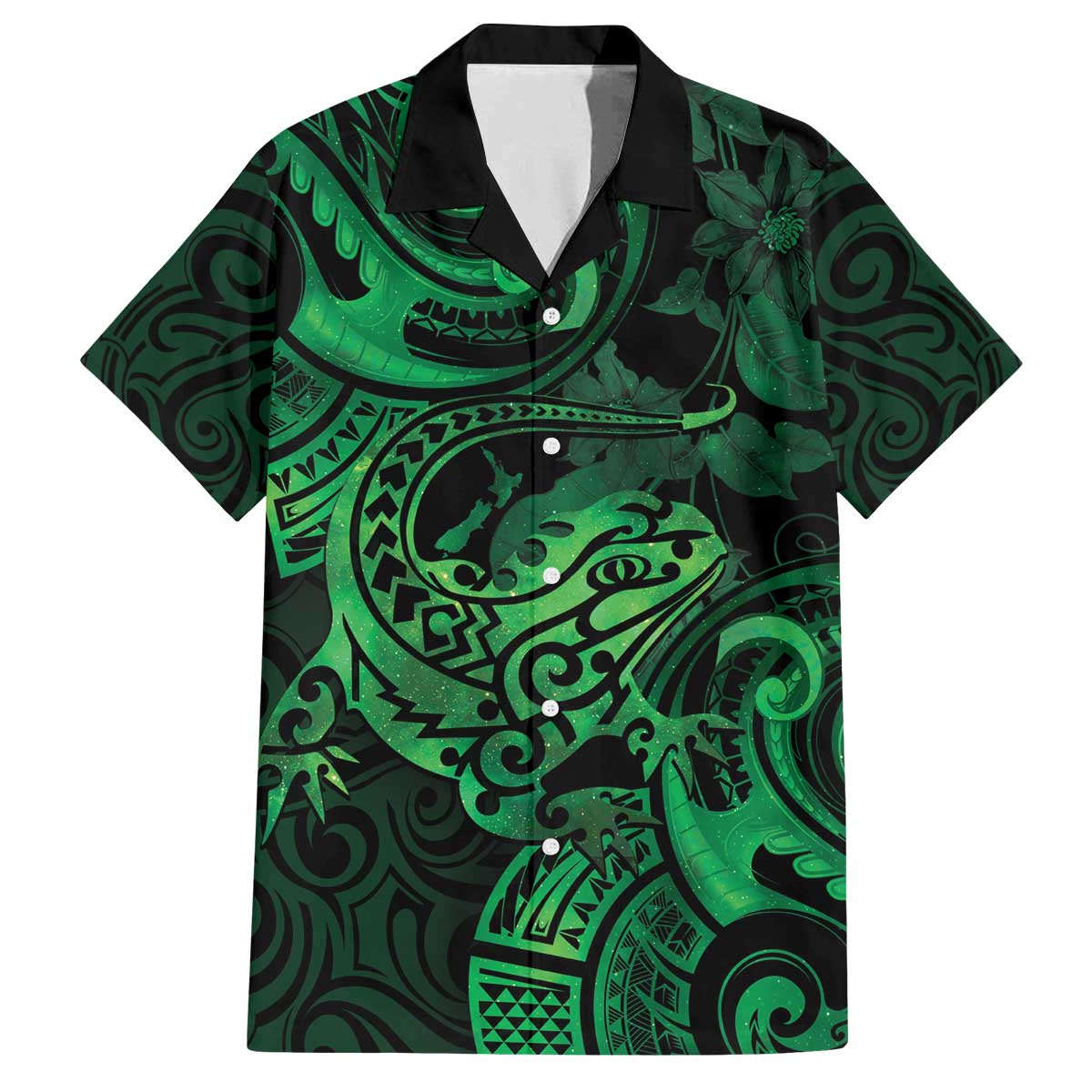 New Zealand Tuatara Family Matching Puletasi and Hawaiian Shirt Aotearoa Maori Clematis Flowers - Green LT14 Dad's Shirt - Short Sleeve Green - Polynesian Pride