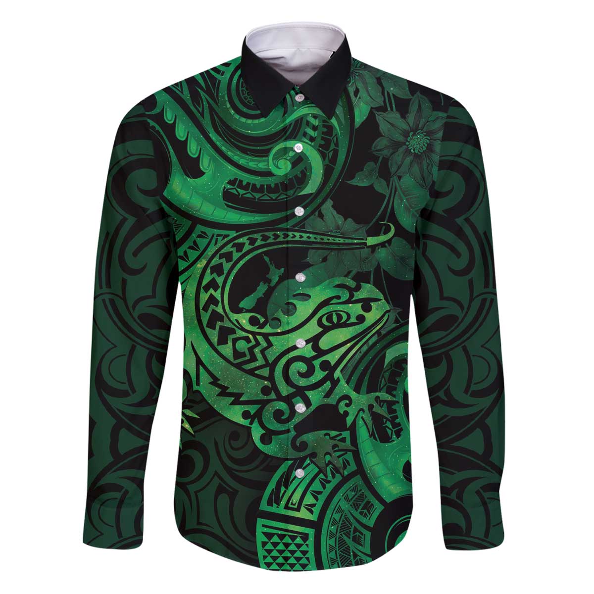 New Zealand Tuatara Family Matching Puletasi and Hawaiian Shirt Aotearoa Maori Clematis Flowers - Green LT14 Dad's Shirt - Long Sleeve Green - Polynesian Pride