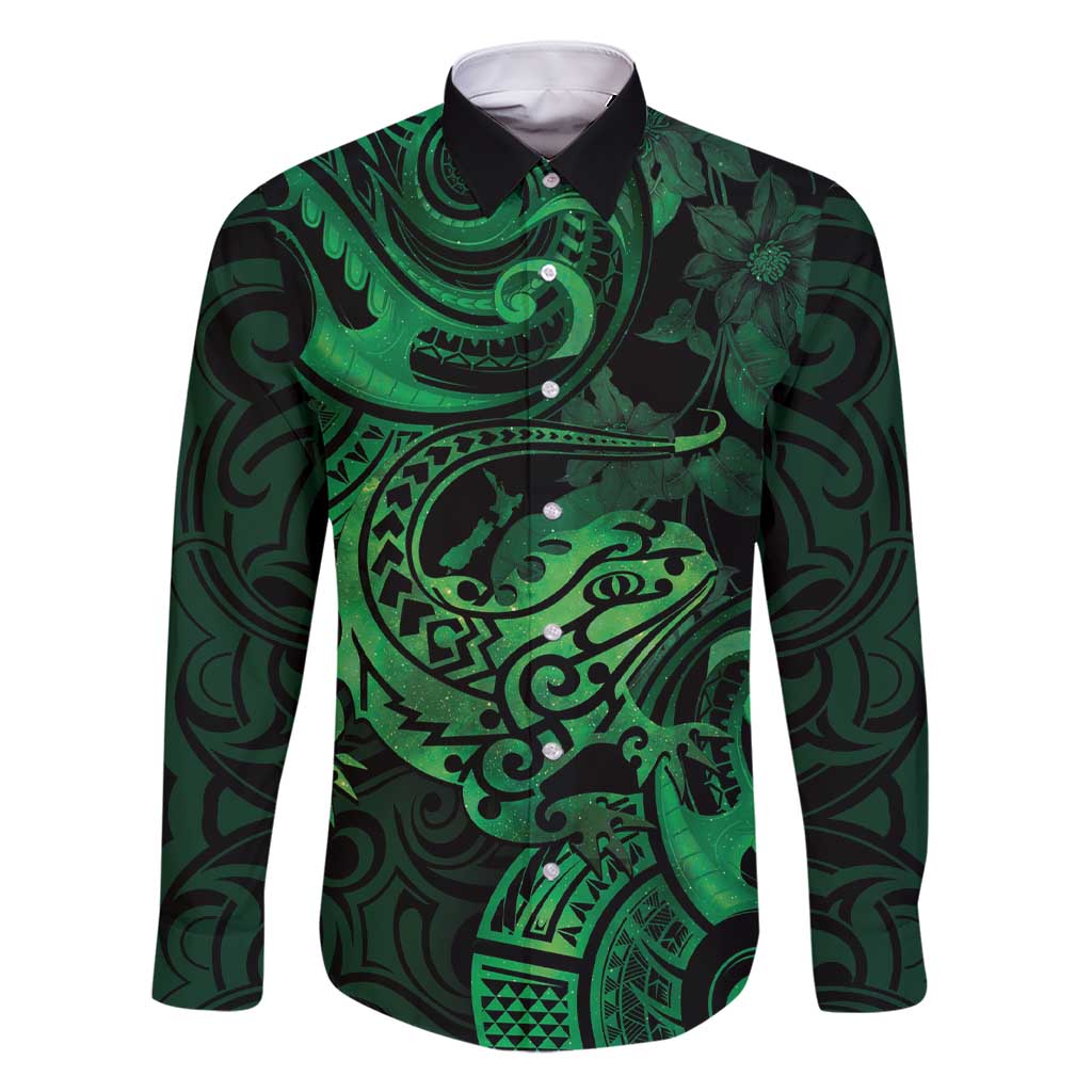 New Zealand Tuatara Family Matching Short Sleeve Bodycon Dress and Hawaiian Shirt Aotearoa Maori Clematis Flowers - Green LT14 Dad's Shirt - Long Sleeve Green - Polynesian Pride