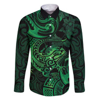 New Zealand Tuatara Family Matching Short Sleeve Bodycon Dress and Hawaiian Shirt Aotearoa Maori Clematis Flowers - Green LT14 Dad's Shirt - Long Sleeve Green - Polynesian Pride