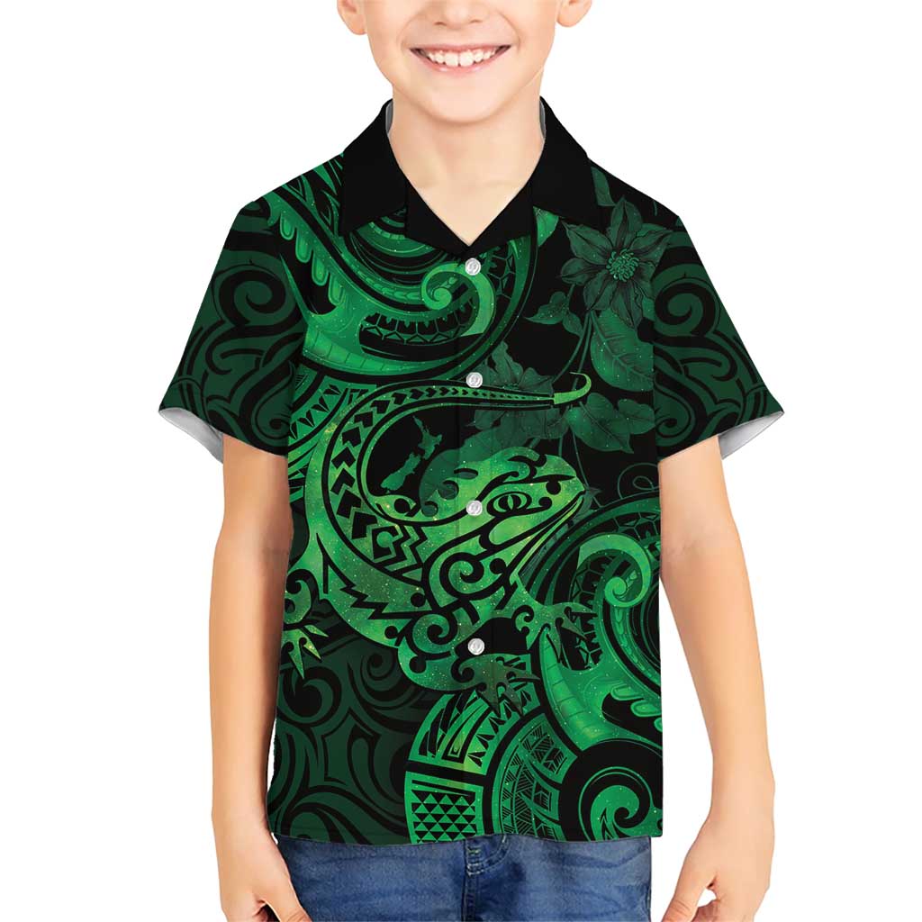 New Zealand Tuatara Family Matching Short Sleeve Bodycon Dress and Hawaiian Shirt Aotearoa Maori Clematis Flowers - Green LT14 Son's Shirt Green - Polynesian Pride