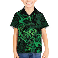 New Zealand Tuatara Family Matching Short Sleeve Bodycon Dress and Hawaiian Shirt Aotearoa Maori Clematis Flowers - Green LT14 Son's Shirt Green - Polynesian Pride