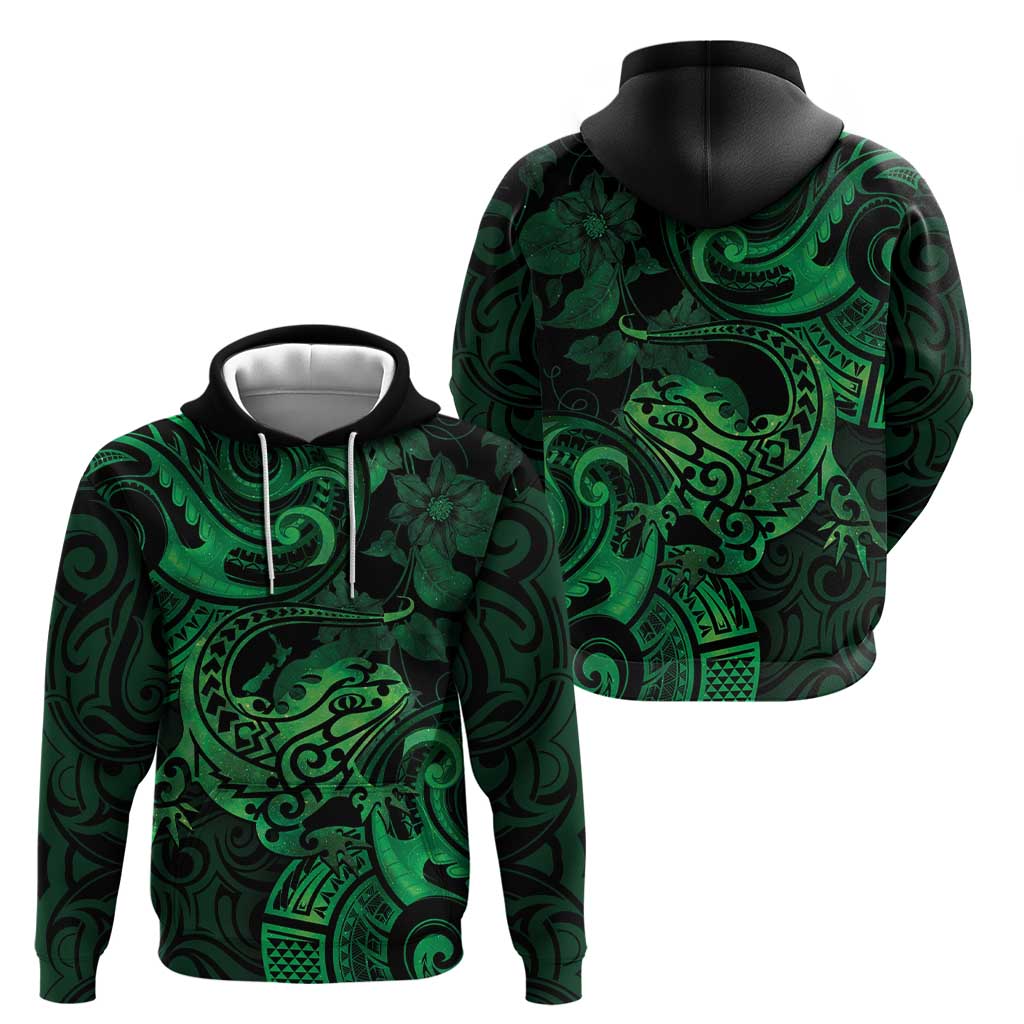 New Zealand Tuatara Hoodie Aotearoa Maori Clematis Flowers - Green