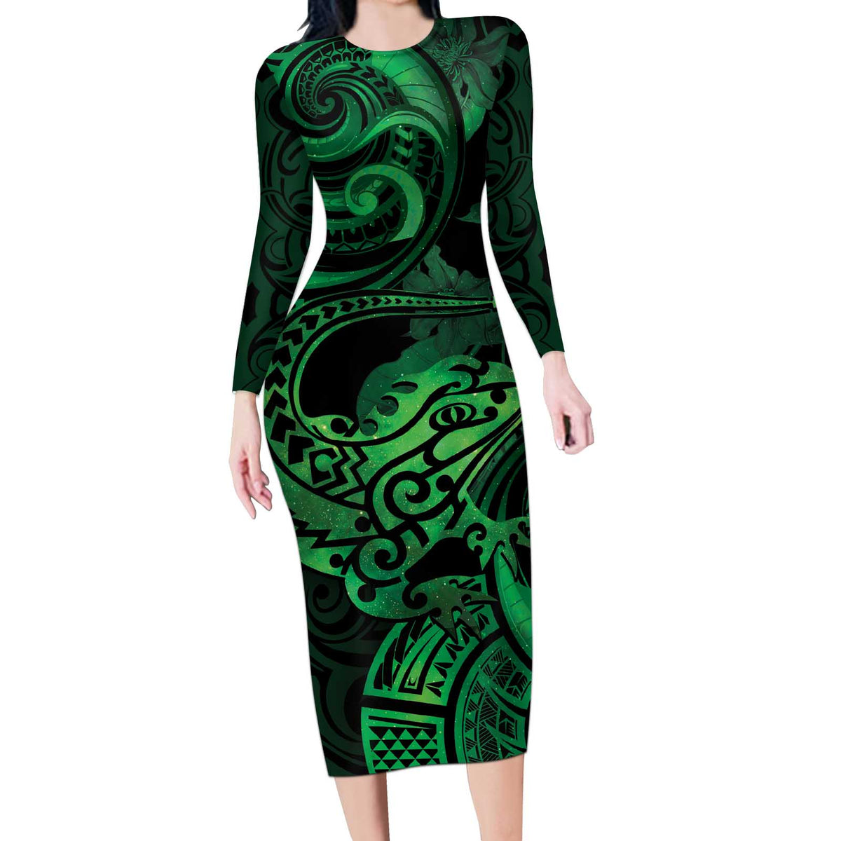 New Zealand Tuatara Long Sleeve Bodycon Dress Aotearoa Maori Clematis Flowers - Green LT14 Long Dress Green - Polynesian Pride