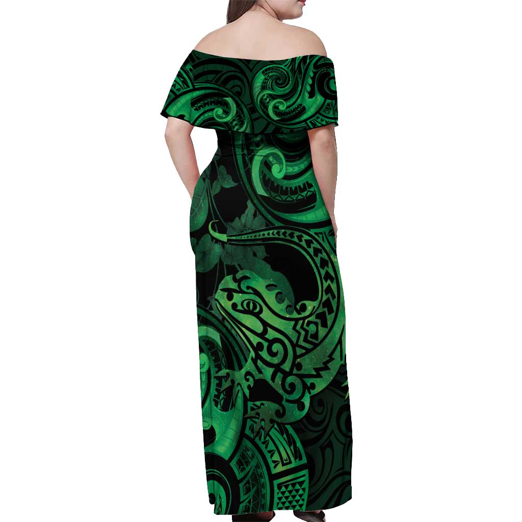 New Zealand Tuatara Off Shoulder Maxi Dress Aotearoa Maori Clematis Flowers - Green