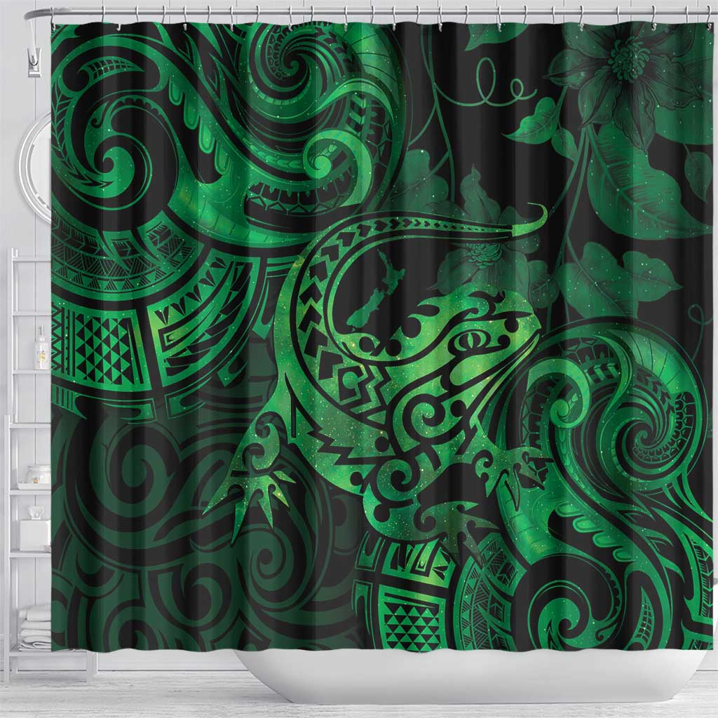 New Zealand Tuatara Shower Curtain Aotearoa Maori Clematis Flowers - Green