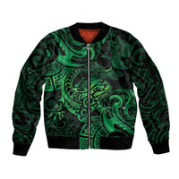 New Zealand Tuatara Sleeve Zip Bomber Jacket Aotearoa Maori Clematis Flowers - Green LT14 Unisex Green - Polynesian Pride