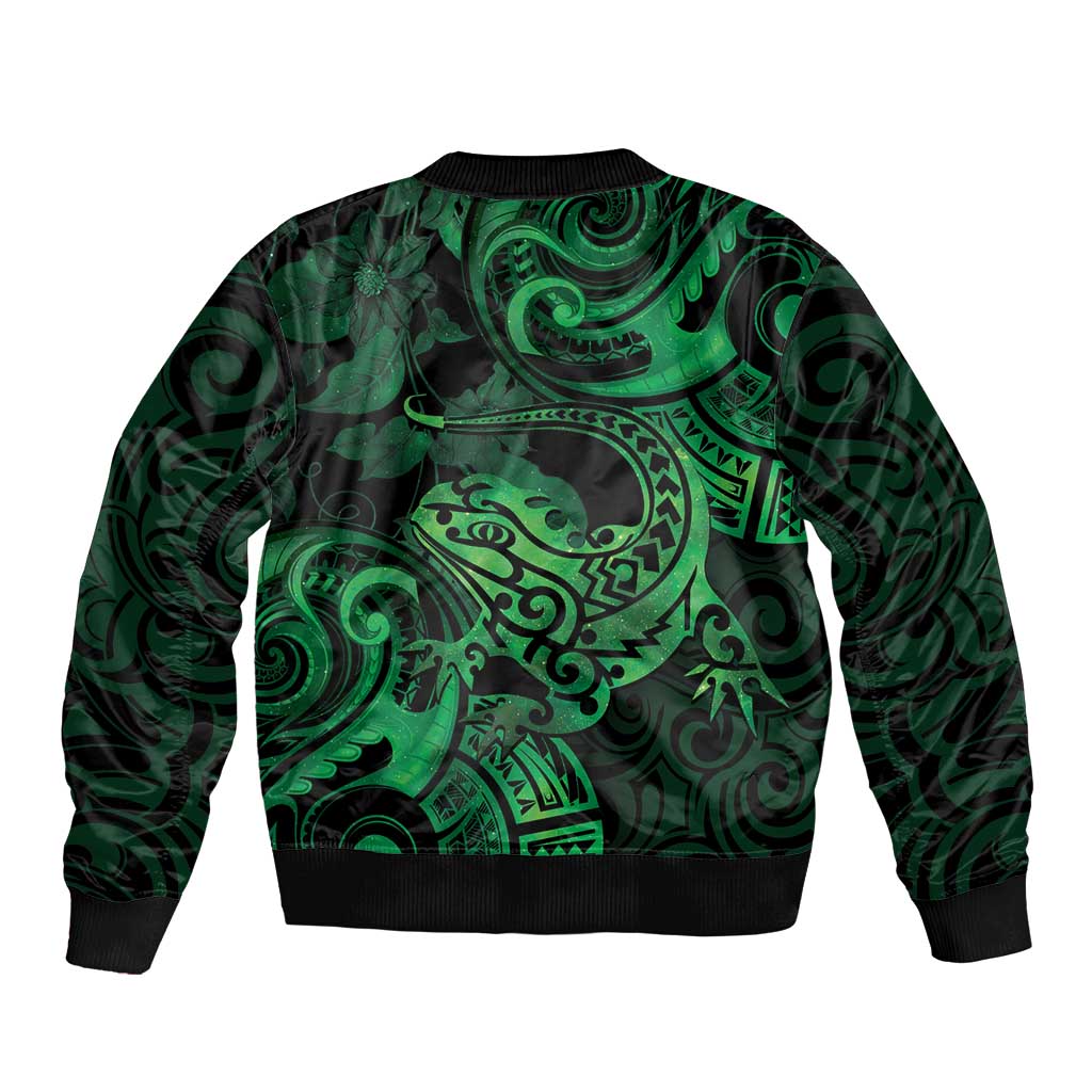 New Zealand Tuatara Sleeve Zip Bomber Jacket Aotearoa Maori Clematis Flowers - Green LT14 - Polynesian Pride