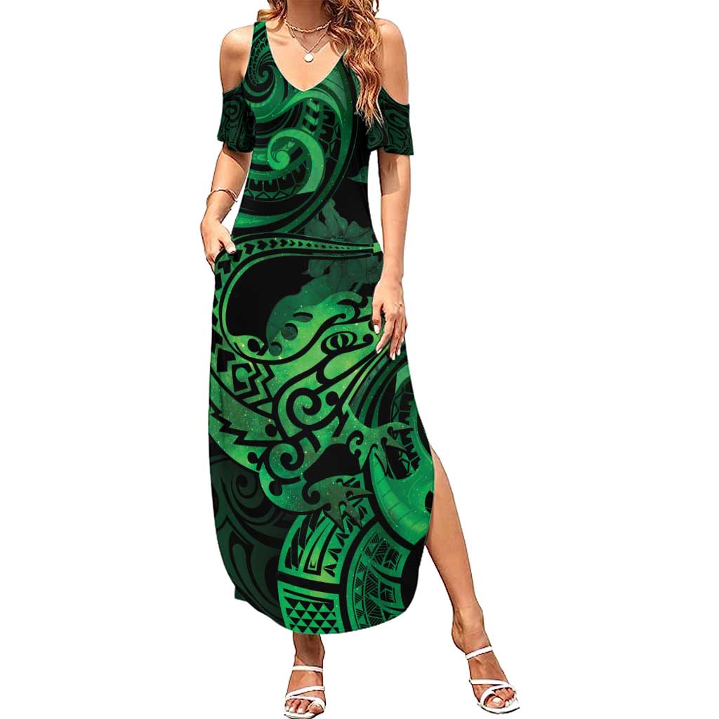 New Zealand Tuatara Summer Maxi Dress Aotearoa Maori Clematis Flowers - Green