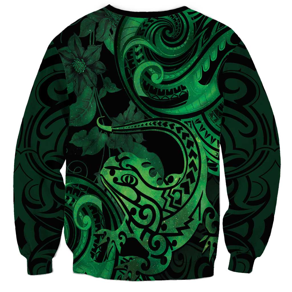 New Zealand Tuatara Sweatshirt Aotearoa Maori Clematis Flowers - Green LT14 - Polynesian Pride