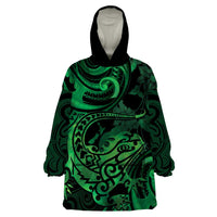 New Zealand Tuatara Wearable Blanket Hoodie Aotearoa Maori Clematis Flowers - Green