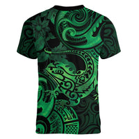 New Zealand Tuatara Women V-Neck T-Shirt Aotearoa Maori Clematis Flowers - Green LT14 - Polynesian Pride
