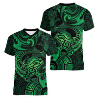 New Zealand Tuatara Women V-Neck T-Shirt Aotearoa Maori Clematis Flowers - Green LT14 - Polynesian Pride