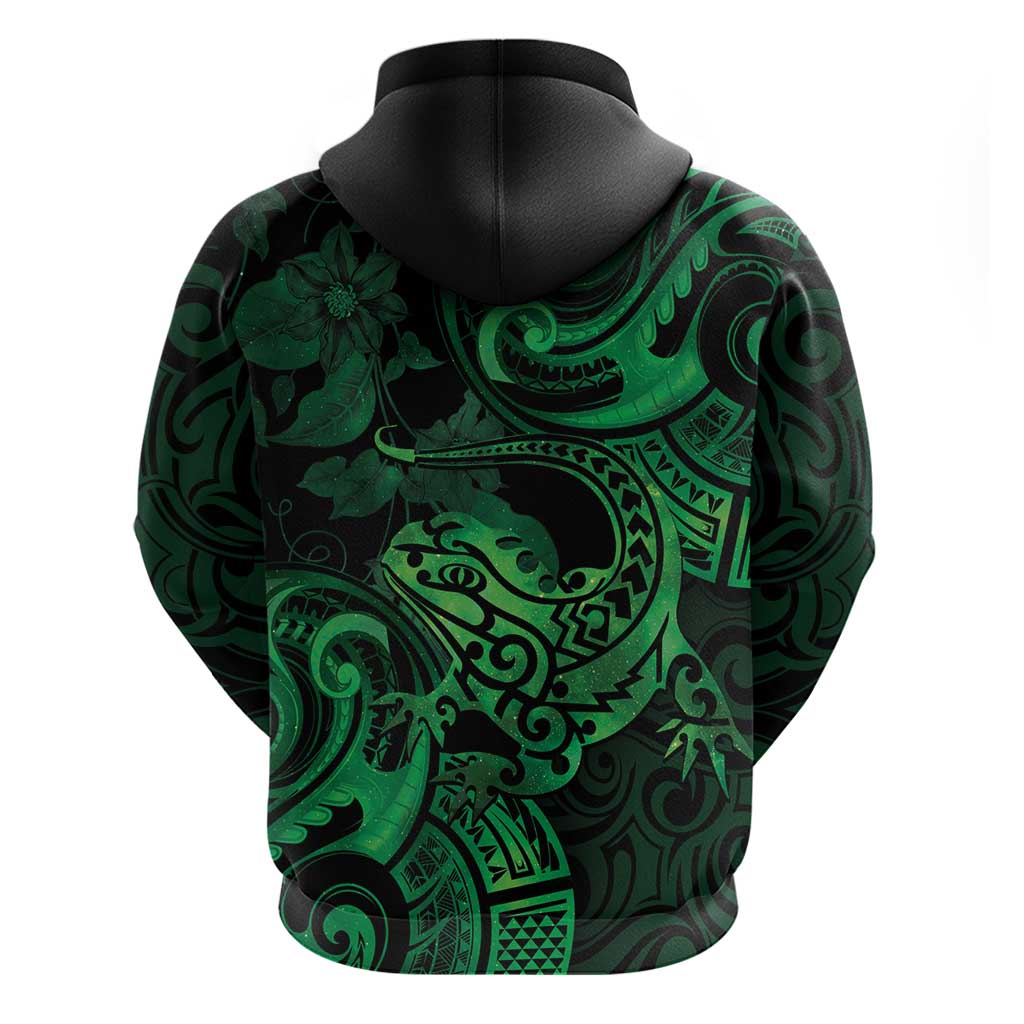New Zealand Tuatara Zip Hoodie Aotearoa Maori Clematis Flowers - Green