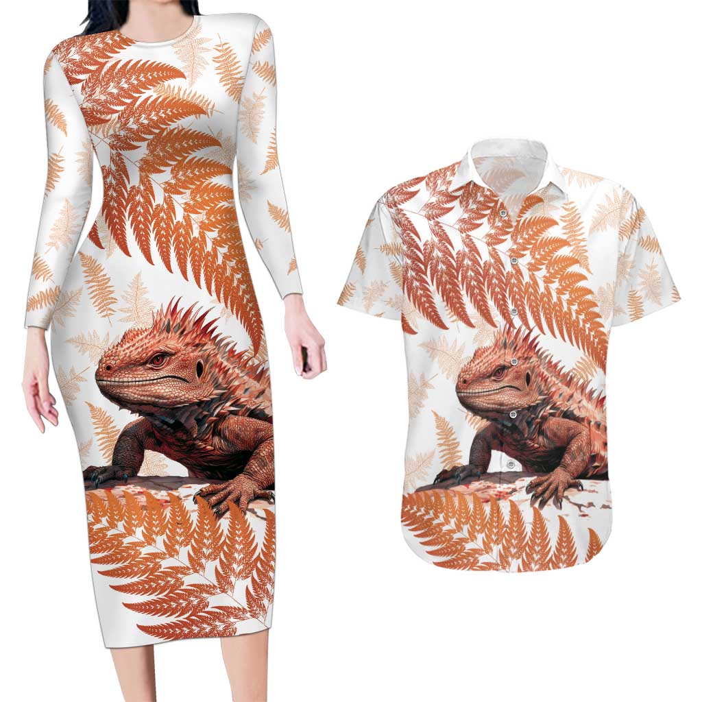 Red New Zealand Tuatara Couples Matching Long Sleeve Bodycon Dress and Hawaiian Shirt Aotearoa Sphenodon Punctatus Silver Fern LT14 Red - Polynesian Pride