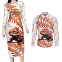 Red New Zealand Tuatara Couples Matching Long Sleeve Bodycon Dress and Long Sleeve Button Shirt Aotearoa Sphenodon Punctatus Silver Fern LT14 Red - Polynesian Pride