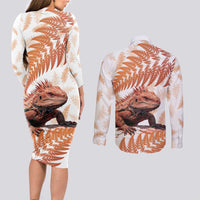 Red New Zealand Tuatara Couples Matching Long Sleeve Bodycon Dress and Long Sleeve Button Shirt Aotearoa Sphenodon Punctatus Silver Fern LT14 - Polynesian Pride