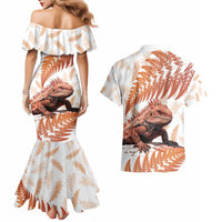 Red New Zealand Tuatara Couples Matching Mermaid Dress and Hawaiian Shirt Aotearoa Sphenodon Punctatus Silver Fern LT14 - Polynesian Pride