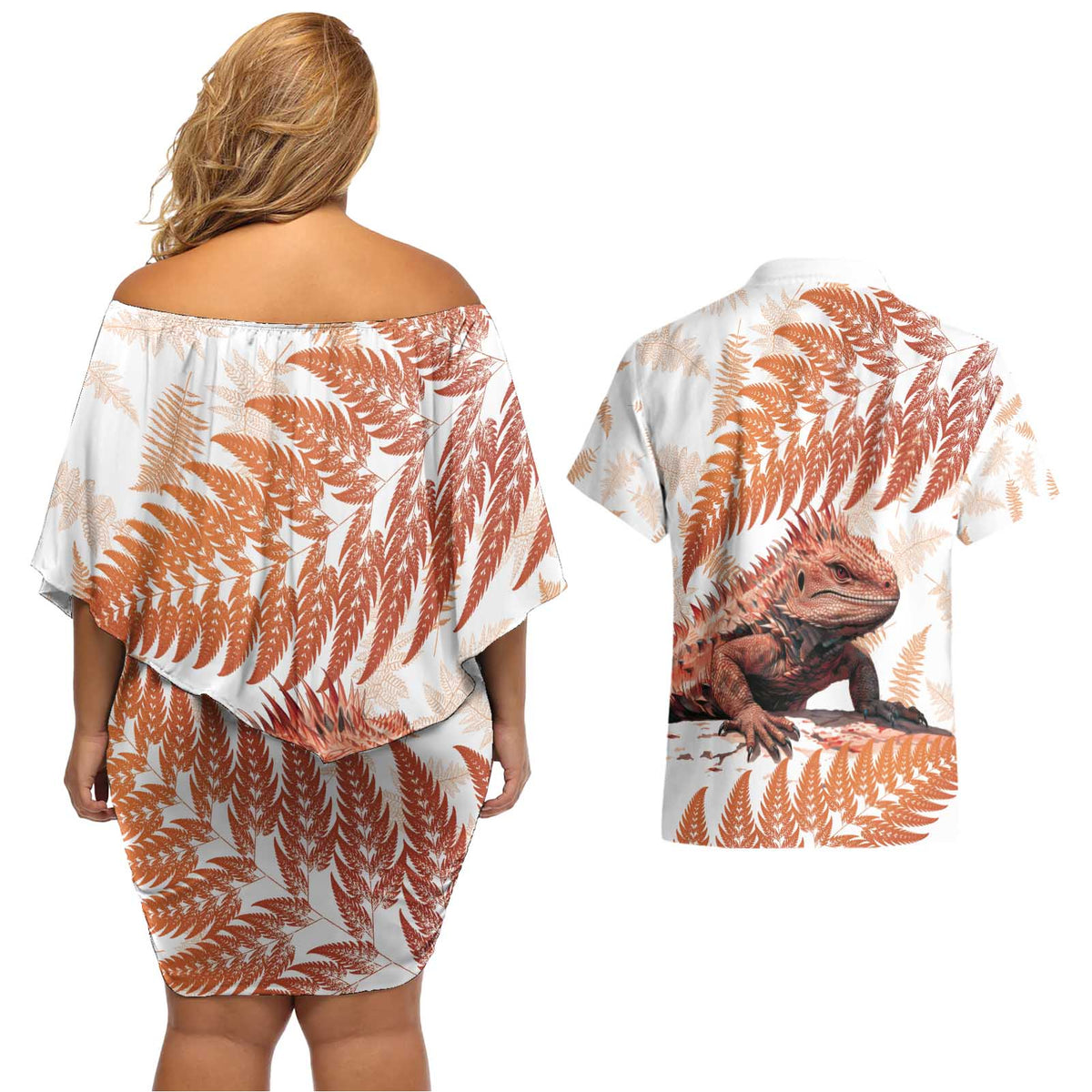 Red New Zealand Tuatara Couples Matching Off Shoulder Short Dress and Hawaiian Shirt Aotearoa Sphenodon Punctatus Silver Fern LT14 - Polynesian Pride
