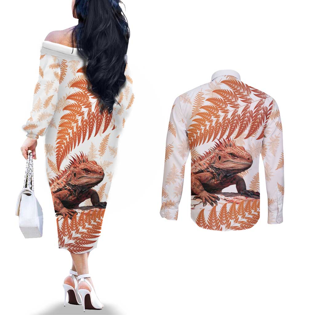 Red New Zealand Tuatara Couples Matching Off The Shoulder Long Sleeve Dress and Long Sleeve Button Shirt Aotearoa Sphenodon Punctatus Silver Fern LT14 - Polynesian Pride