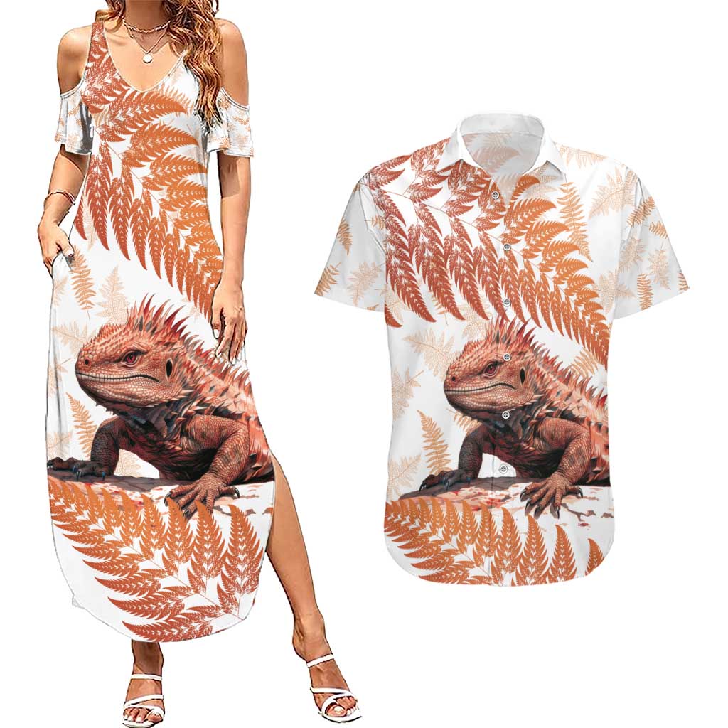 Red New Zealand Tuatara Couples Matching Summer Maxi Dress and Hawaiian Shirt Aotearoa Sphenodon Punctatus Silver Fern LT14 Red - Polynesian Pride