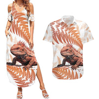 Red New Zealand Tuatara Couples Matching Summer Maxi Dress and Hawaiian Shirt Aotearoa Sphenodon Punctatus Silver Fern LT14 Red - Polynesian Pride
