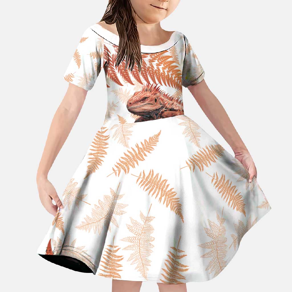 Red New Zealand Tuatara Family Matching Long Sleeve Bodycon Dress and Hawaiian Shirt Aotearoa Sphenodon Punctatus Silver Fern LT14 Daughter's Dress Red - Polynesian Pride